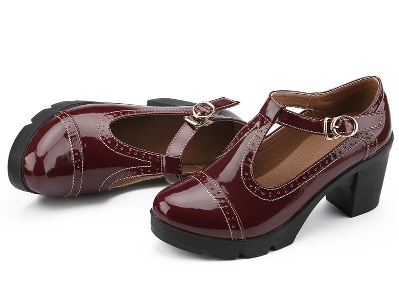 DADAWEN Women's Classic T-Strap Platform Mid-Heel Square Toe Oxfords Dress Shoes Wine Red US Size 10 - Image 3